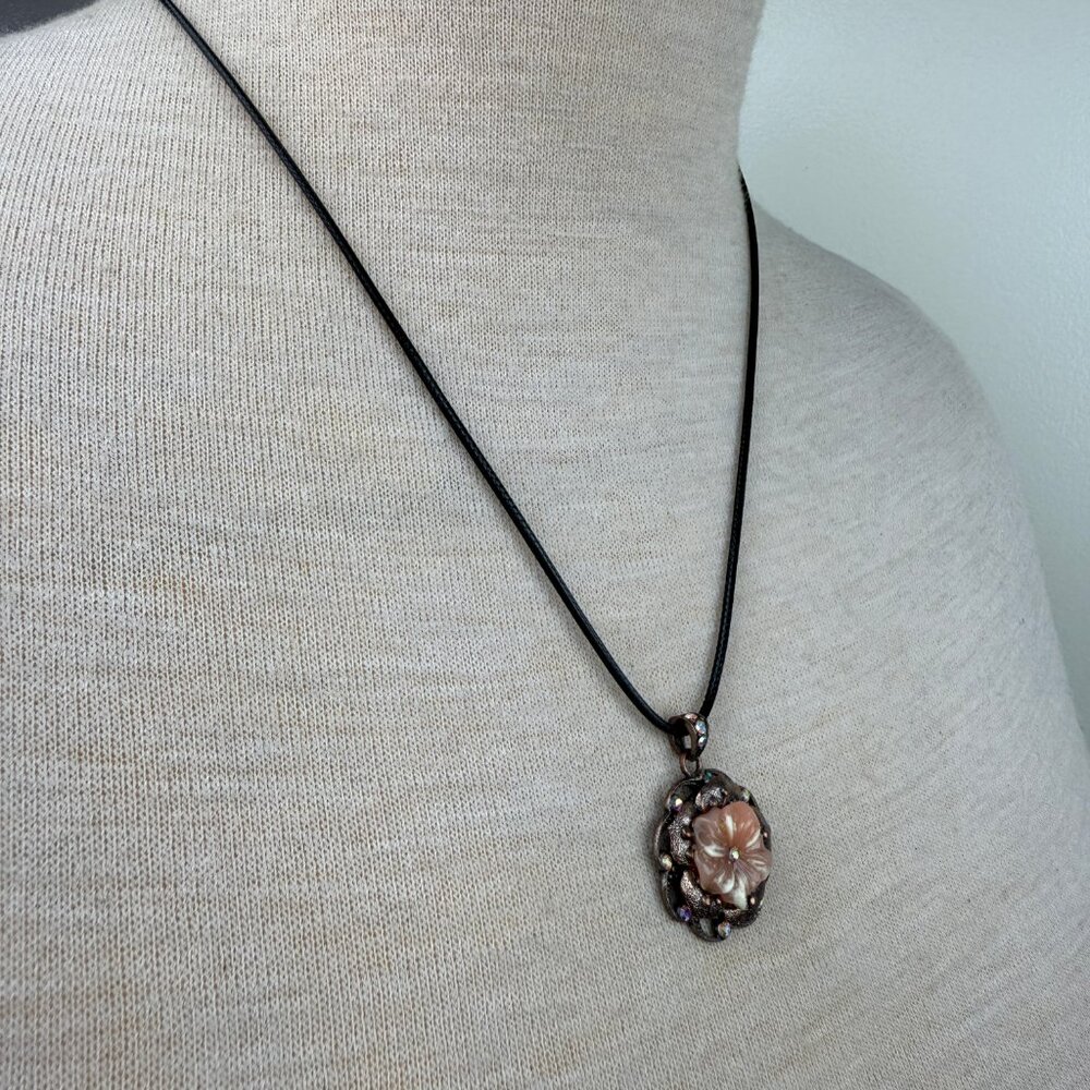 Copper Pink Enamel Rhinestone Flower Pendant Black Cord 22.5" - Picture 4 of 6